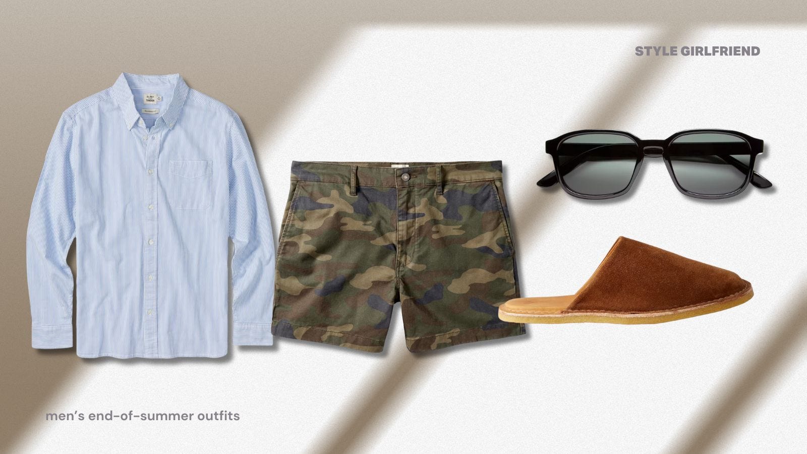 end of summer men's outfits featuring a long-sleeve oxford shirt and camo shorts