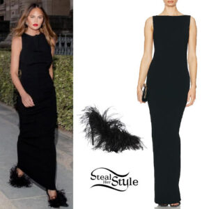 Chrissy Teigen: Black Dress, Feather Shoes