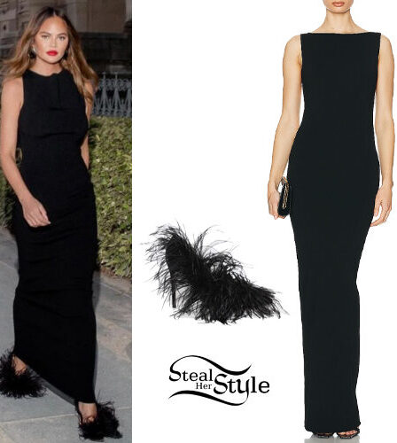 Chrissy Teigen: Black Dress, Feather Shoes