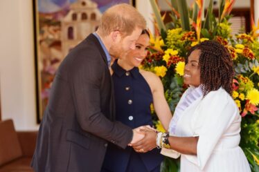 In this handout photo provided by the Colombian Vice President's Office, Prince Harry, Duke of Sussex and Meghan, Duchess of Sussex (C) are welcomed to Colombia by Vice President Francia MÃ¡rquez at her official residence on August 15, 2024 in Bogota, Colombia. Prince Harry, Duke of Sussex, and Meghan, Duchess of Sussex, are undertaking a four-day visit to Colombia. (Photo by Colombian Vice President's Office via Getty Images)