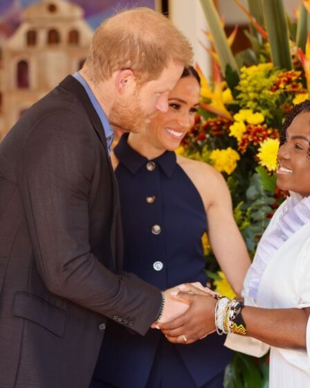 In this handout photo provided by the Colombian Vice President's Office, Prince Harry, Duke of Sussex and Meghan, Duchess of Sussex (C) are welcomed to Colombia by Vice President Francia MÃ¡rquez at her official residence on August 15, 2024 in Bogota, Colombia. Prince Harry, Duke of Sussex, and Meghan, Duchess of Sussex, are undertaking a four-day visit to Colombia. (Photo by Colombian Vice President's Office via Getty Images)