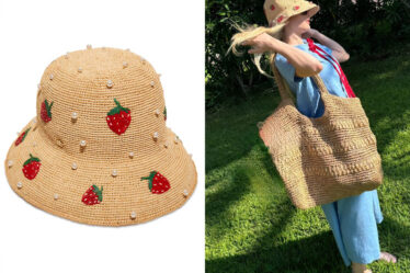 Emma Roberts' Lele Sadoughi Strawberry Pearl Raffia Bucket Hat