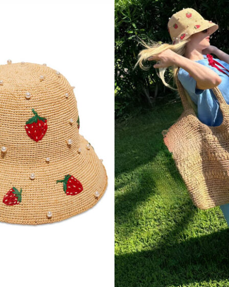 Emma Roberts' Lele Sadoughi Strawberry Pearl Raffia Bucket Hat