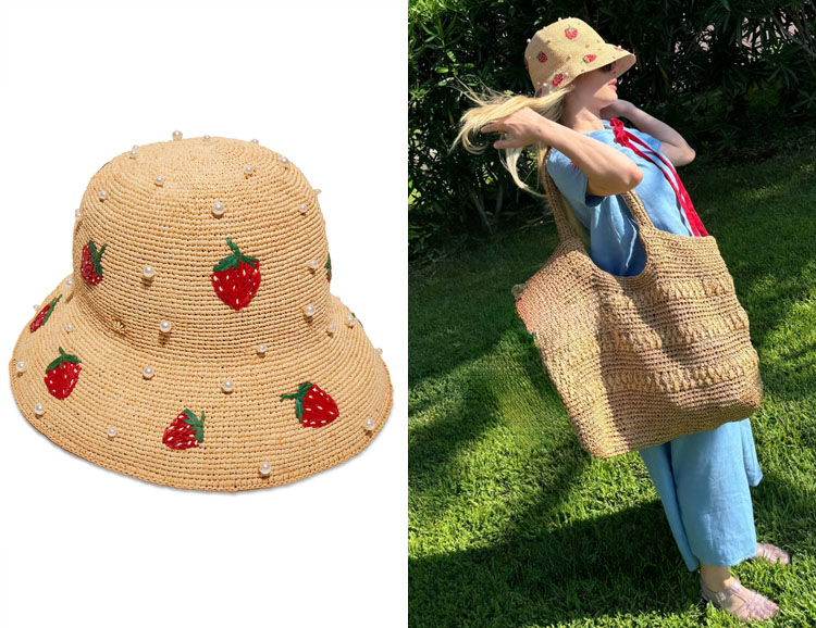 Emma Roberts' Lele Sadoughi Strawberry Pearl Raffia Bucket Hat