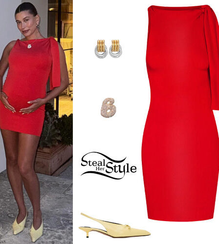 Hailey Baldwin: Red Dress, Slingback Pumps