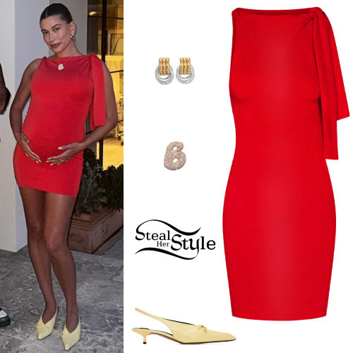 Hailey Baldwin: Red Dress, Slingback Pumps