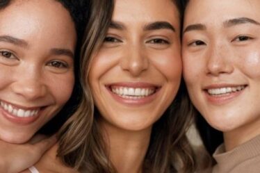 Skincare group, face or women smile for anti aging cosmetics, beauty glow and spa wellness support. Equality, cosmetology closeup or diversity portrait of unique friends together on studio background