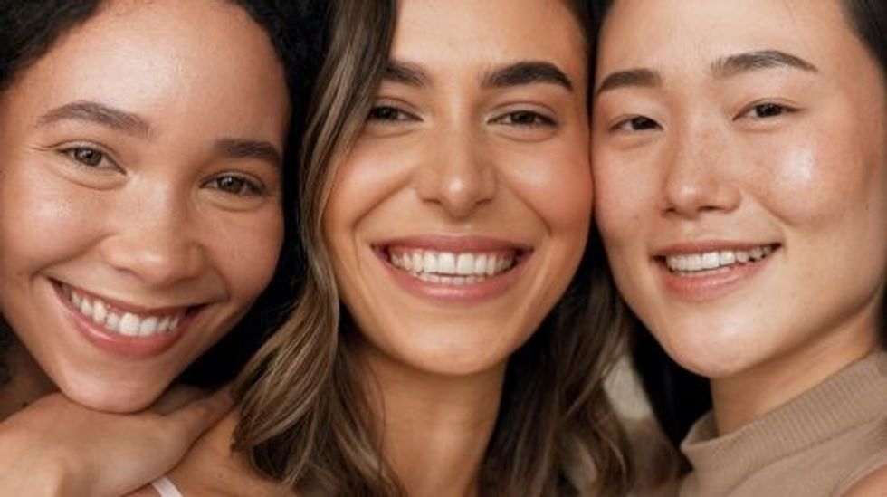 Skincare group, face or women smile for anti aging cosmetics, beauty glow and spa wellness support. Equality, cosmetology closeup or diversity portrait of unique friends together on studio background