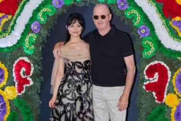 Jenna Ortega and Michael Keaton pose during the photocall for the movie 'Beetlejuice Beetlejuice' at the Four Seasons Hotel on August 13, 2024, in Mexico City, Mexico. (Photo by Jaime Nogales/Medios y Media/Getty Images)