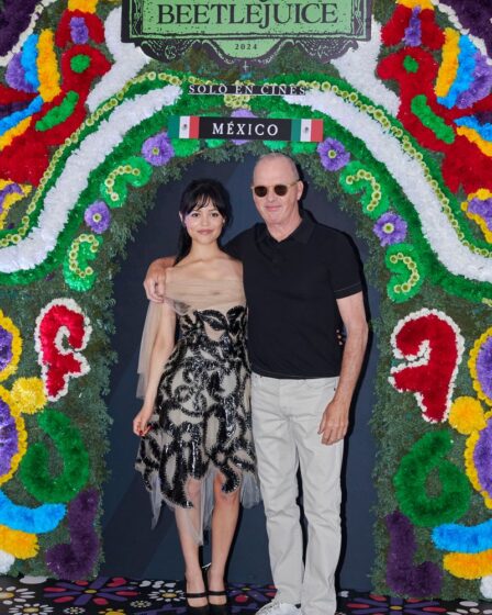 Jenna Ortega and Michael Keaton pose during the photocall for the movie 'Beetlejuice Beetlejuice' at the Four Seasons Hotel on August 13, 2024, in Mexico City, Mexico. (Photo by Jaime Nogales/Medios y Media/Getty Images)