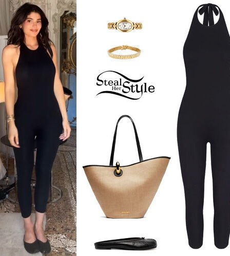 Kylie Jenner: Black Catsuit, Flat Mules