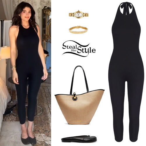 Kylie Jenner: Black Catsuit, Flat Mules