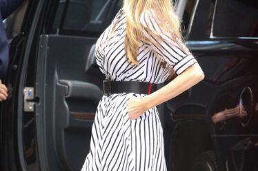 Melania Trump is all smiles in elegant striped dress in New York City