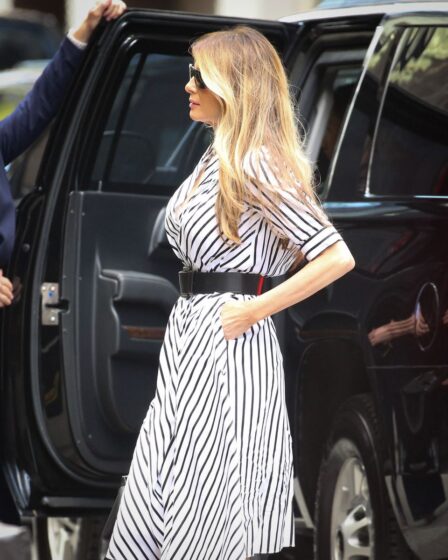 Melania Trump is all smiles in elegant striped dress in New York City