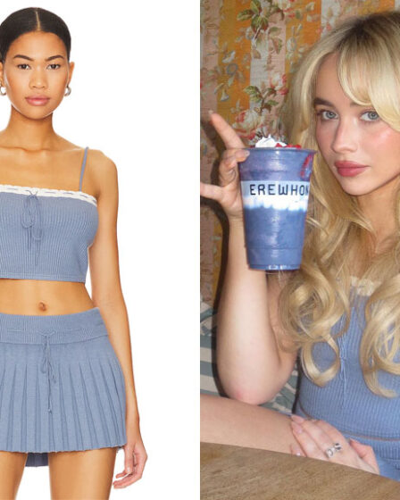 Sabrina Carpenter's GUIZIO Cielo Rib Knit Top & Mini Skirt