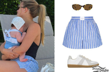 Sofia Richie: Blue Striped Shorts, Tortoise Sunglasses