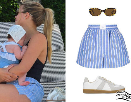 Sofia Richie: Blue Striped Shorts, Tortoise Sunglasses