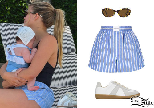 Sofia Richie: Blue Striped Shorts, Tortoise Sunglasses