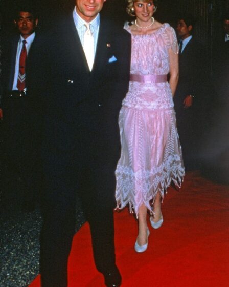 Princess Diana wears a pink chiffon dress, decorated with rhinestones, crystal beads, and pearl droplets designed by Zandra Rhodes.