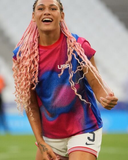 Trinity Rodman #5 of the United States during warmups prior to playing Germany in the Women's group B match during the Olympic Games Paris 2024