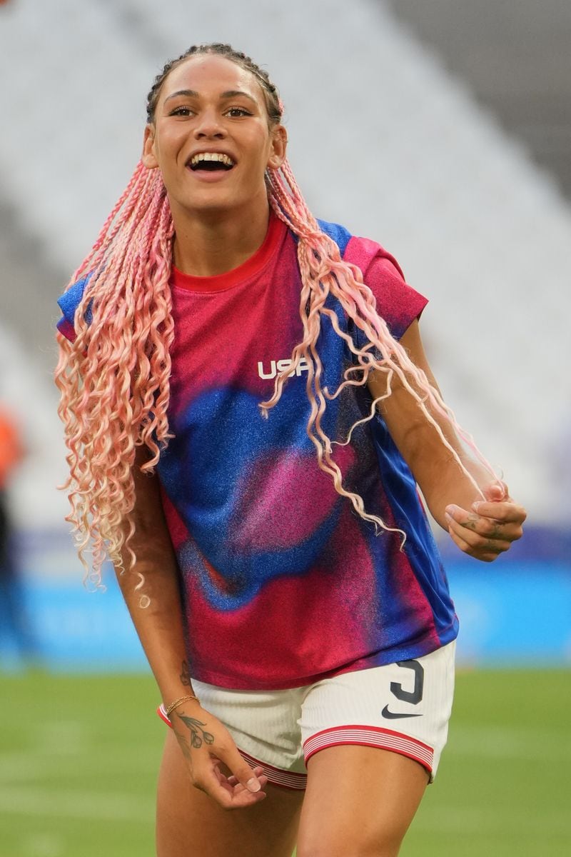 Trinity Rodman #5 of the United States during warmups prior to playing Germany in the Women's group B match during the Olympic Games Paris 2024