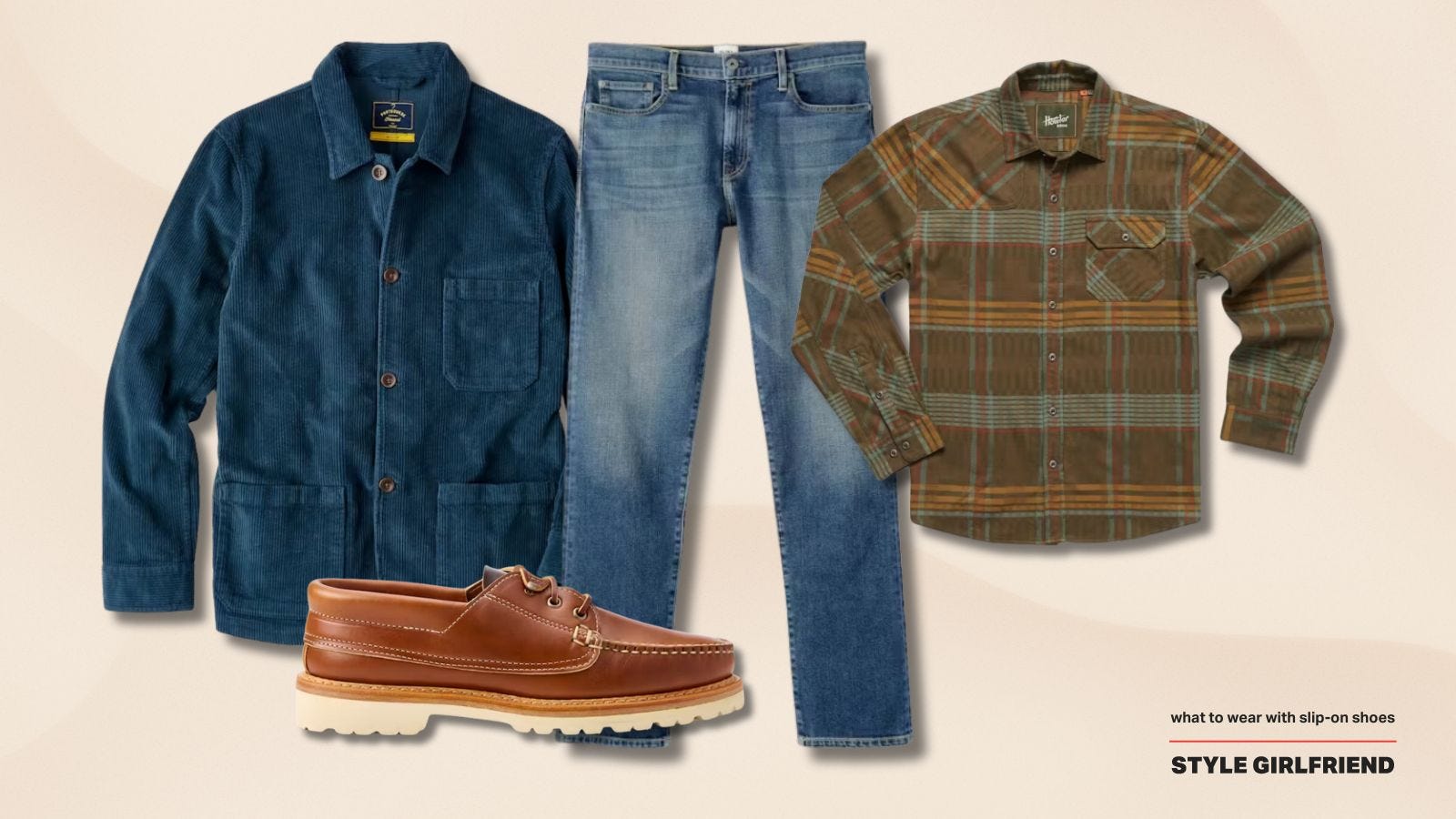 casual men's outfit with Ranger mocs, jeans, and a plaid shirt with navy overshirt