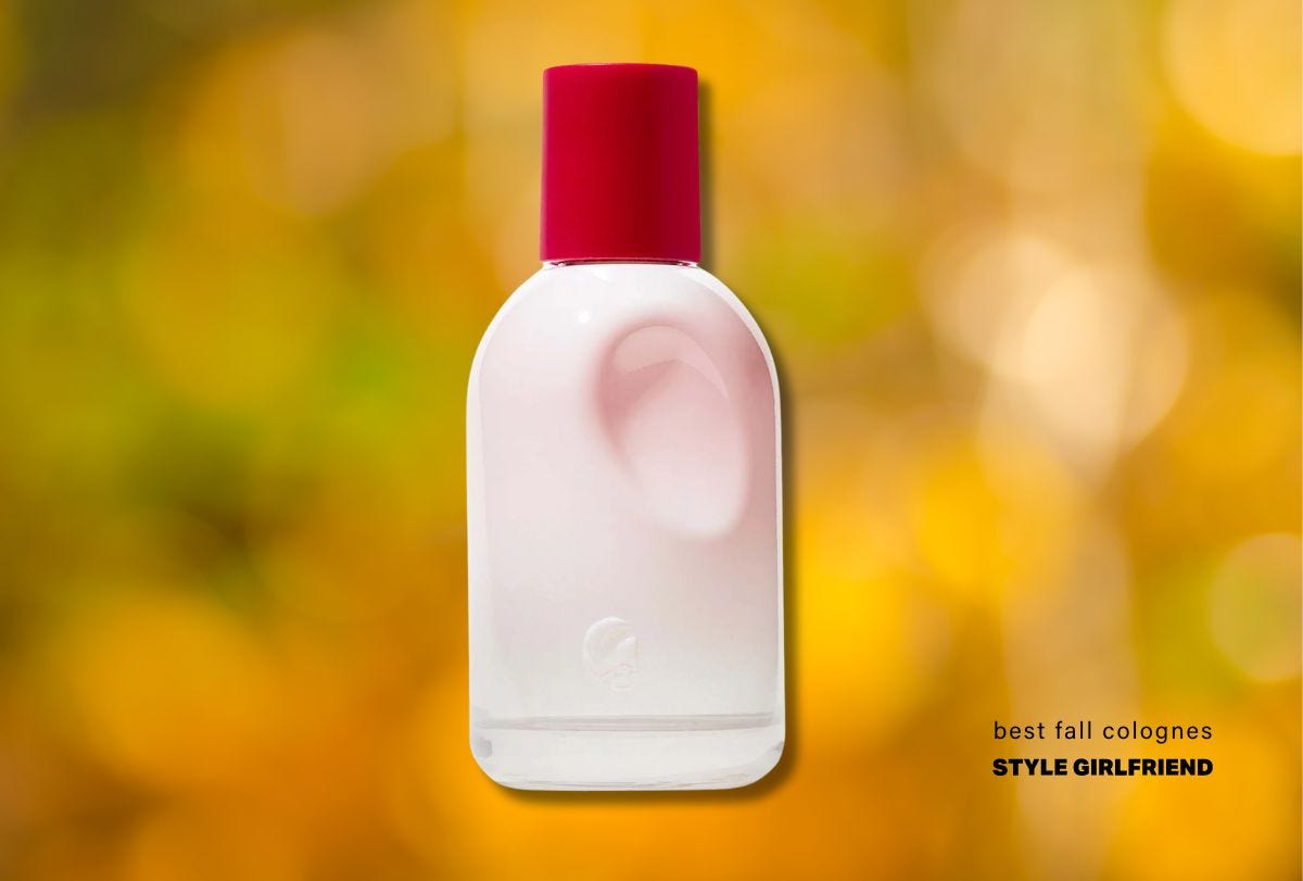 pink bottle of fragrance with round red cap, text on-screen reads: best fall colognes (style girlfriend)