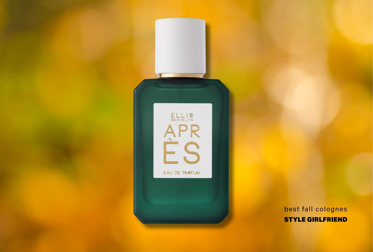 green bottle of fragrance with white cap, text on-screen reads: best fall colognes (style girlfriend)