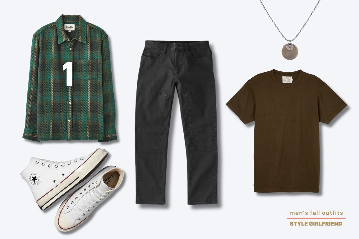 men's casual fall outfit with a green plaid shirt, brown t-shirt, black jeans, white converse sneakers, and a silver necklace. text on-screen reads: men's fall outfits (style girlfriend)