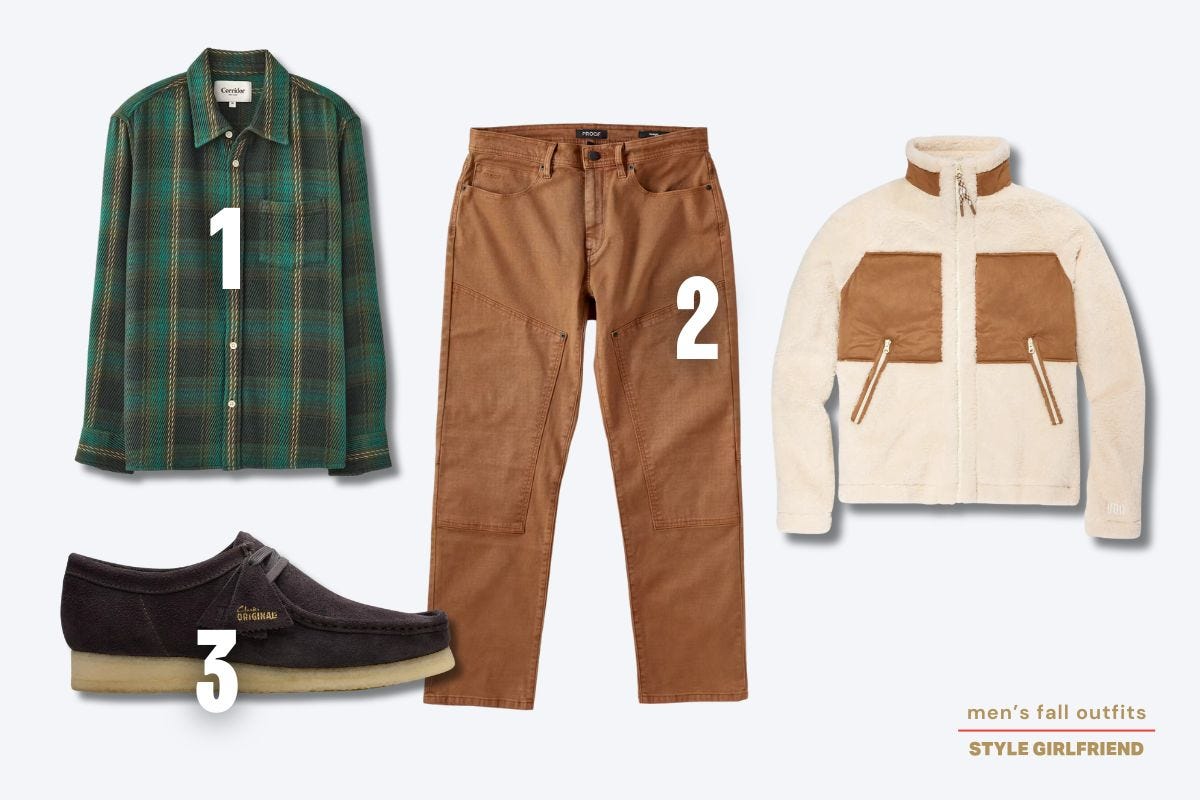 casual men's fall outfit with a green plaid shirt, brown work pants, cream fleece zip-up jacket, and brown wallabees. text on-screen reads: men's fall outfits (style girlfriend)