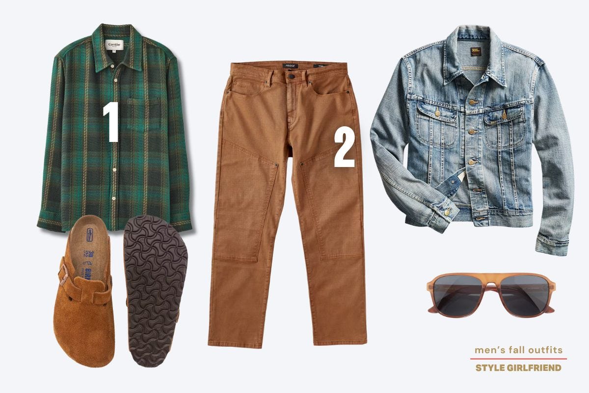 men's fall outfit with a plaid shirt, work pants, denim jacket and Birkenstock clogs