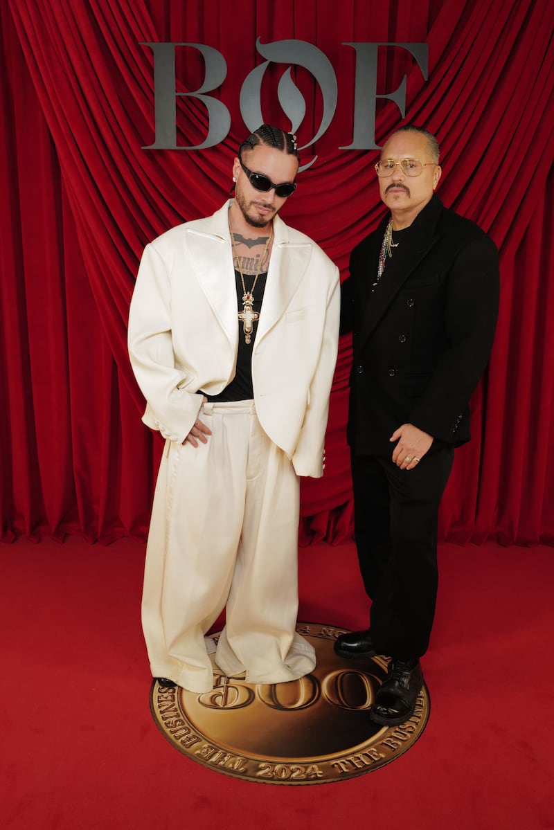 J Balvin and Willy Chavarria attend the Business of Fashion BoF 500 Class of 2024 during Paris Fashion Week at Shangri-La Hotel Paris on September 28, 2024 in Paris, France.