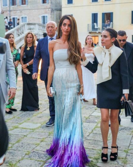 Amal Clooney arrives at the Cartier private party in Venice with a chic and elegant dress