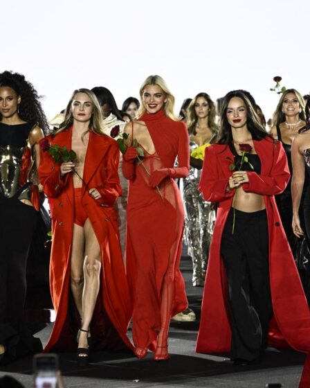 (L-R) Indian actress and model Aishwarya Rai, Brazilian actress Tais Araujo, British model Cara Delevingne, US top model Kendall Jenner, Brazilian top model Luma Grothe, Indian actress and singer Alia Bhatt and Ethiopian actress and top model Liya Kebede acknowledge the applause at the end of the presentation for L'Oreal Paris show "Walk Your Worth" as part of the Paris Fashion Week Women Ready-to-wear Spring-Summer 2025 collection at Palais Garnier (Opera national de Paris) opera house, in Paris on September 23, 2024. (Photo by JULIEN DE ROSA / AFP) (Photo by JULIEN DE ROSA/AFP via Getty Images)