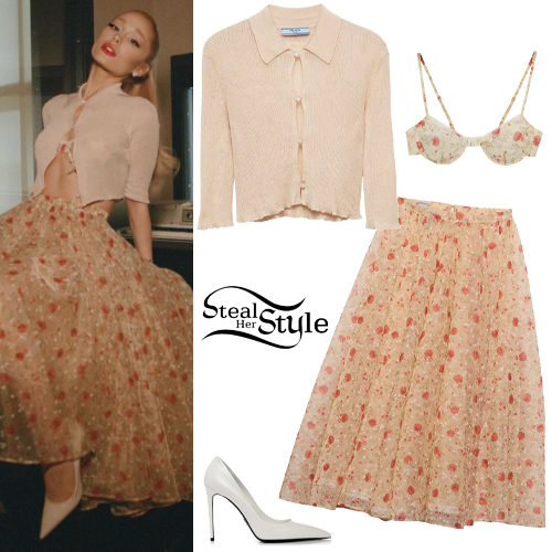 Ariana Grande: Crop Cardigan, Printed Skirt