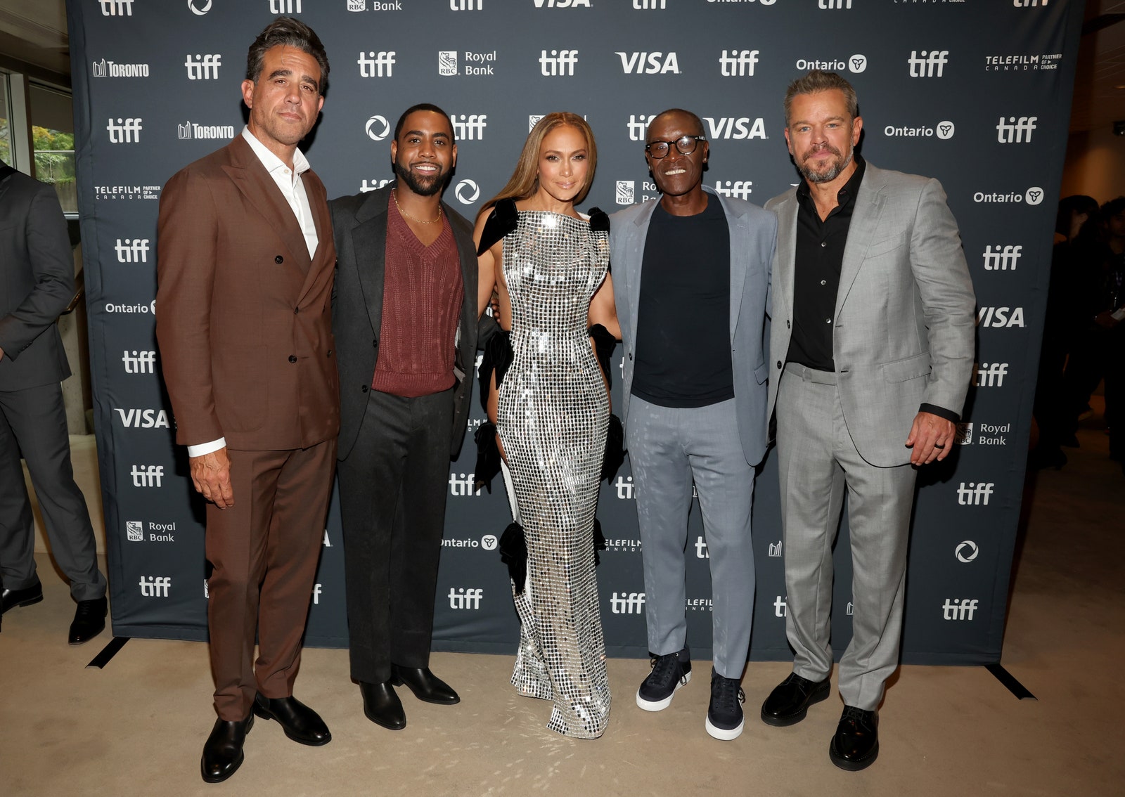 Image may contain Bobby Cannavale Matt Damon Don Cheadle Jharrel Jerome Jennifer Lopez Fashion Clothing and Footwear