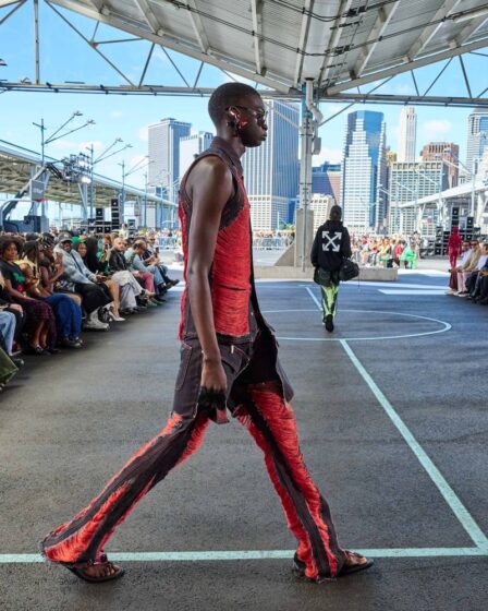 A distressed denim look from Off-White's Spring/Summer 2025 collection. Denim is one category that Off-White CEO Cristiano Fagnani describes as the brand's "bread and butter."