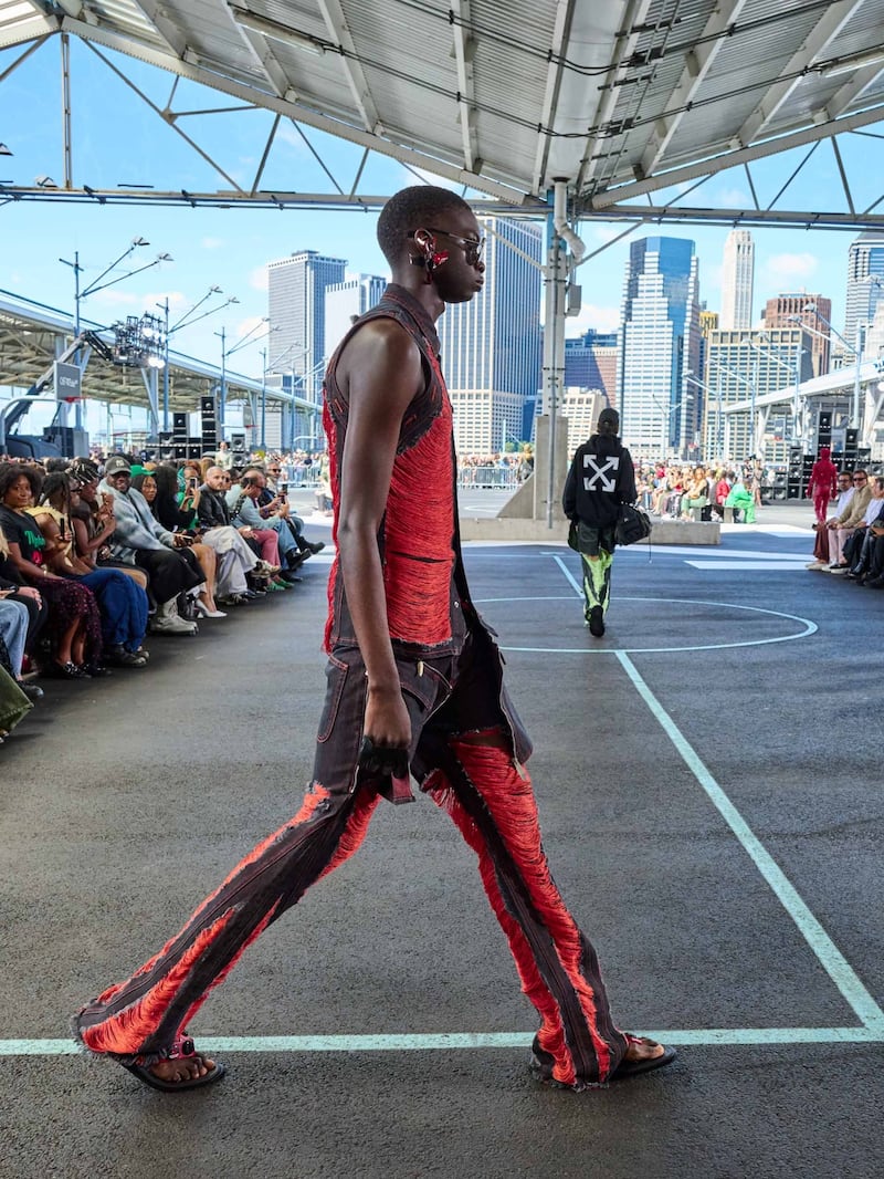 A distressed denim look from Off-White's Spring/Summer 2025 collection. Denim is one category that Off-White CEO Cristiano Fagnani describes as the brand's "bread and butter."