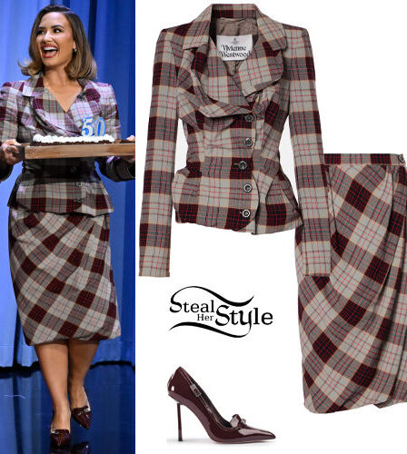 Demi Lovato: Checked Blazer and Skirt