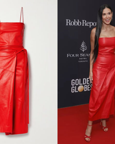 Demi Moore's Proenza Schouler Delancy Glossy Leather Faux Wrap Dress