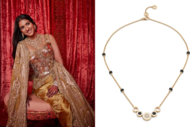 (L) Radhika Merchant wore a look for her wedding to Anant Ambani created by Indian couturier Anamika Khanna in collaboration with Dolce & Gabbana (R) Jeweller Bulgari offers a mangalsutra  wedding necklace.