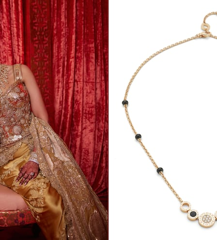 (L) Radhika Merchant wore a look for her wedding to Anant Ambani created by Indian couturier Anamika Khanna in collaboration with Dolce & Gabbana (R) Jeweller Bulgari offers a mangalsutra  wedding necklace.