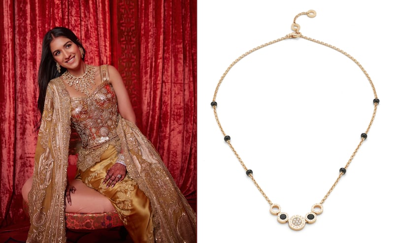 (L) Radhika Merchant wore a look for her wedding to Anant Ambani created by Indian couturier Anamika Khanna in collaboration with Dolce & Gabbana (R) Jeweller Bulgari offers a mangalsutra  wedding necklace.