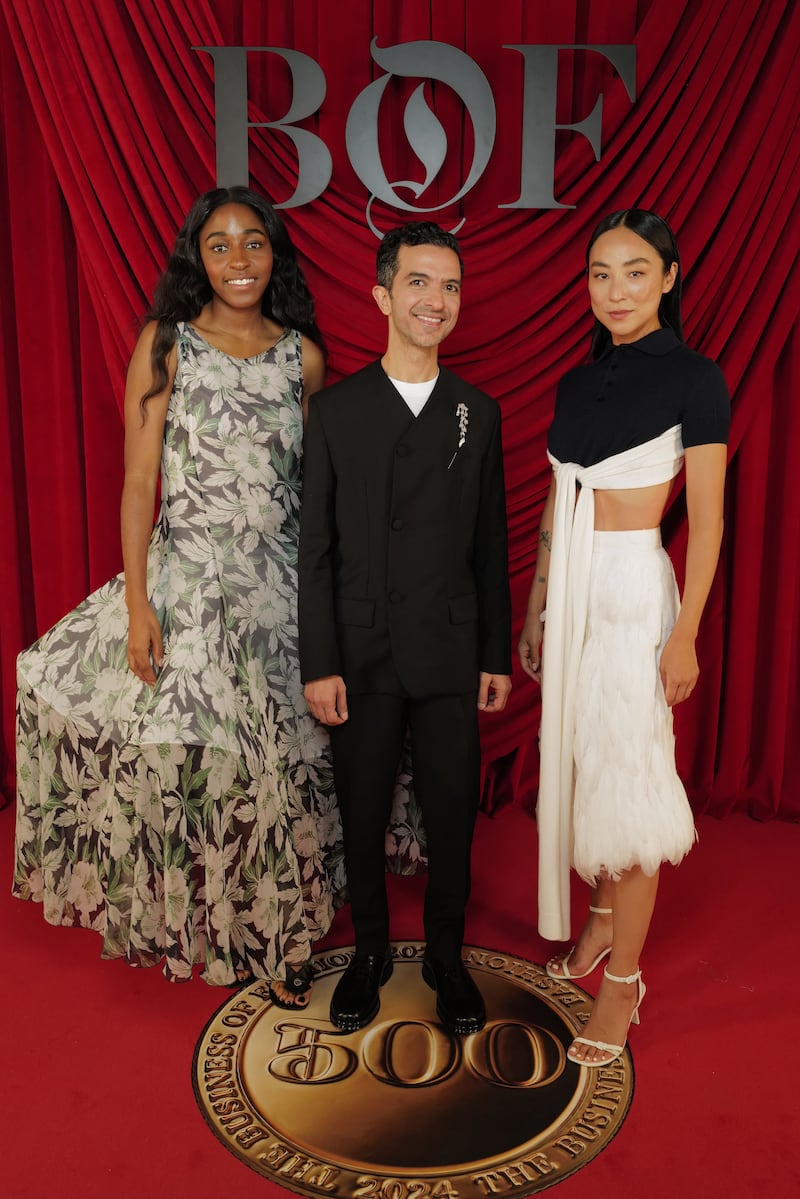 Ayo Edebiri, Imran Amed, Founder, CEO & Editor-in-Chief, The Business of Fashion and Greta Lee attend the Business of Fashion BoF 500 Class of 2024 during Paris Fashion Week at Shangri-La Hotel Paris on September 28, 2024 in Paris, France.