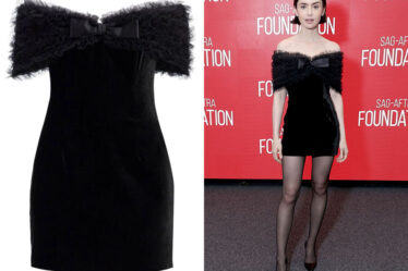 Lily Collins' Alessandra Rich Off-The-Shoulder Velvet Mini Dress