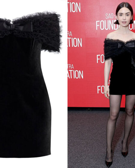 Lily Collins' Alessandra Rich Off-The-Shoulder Velvet Mini Dress