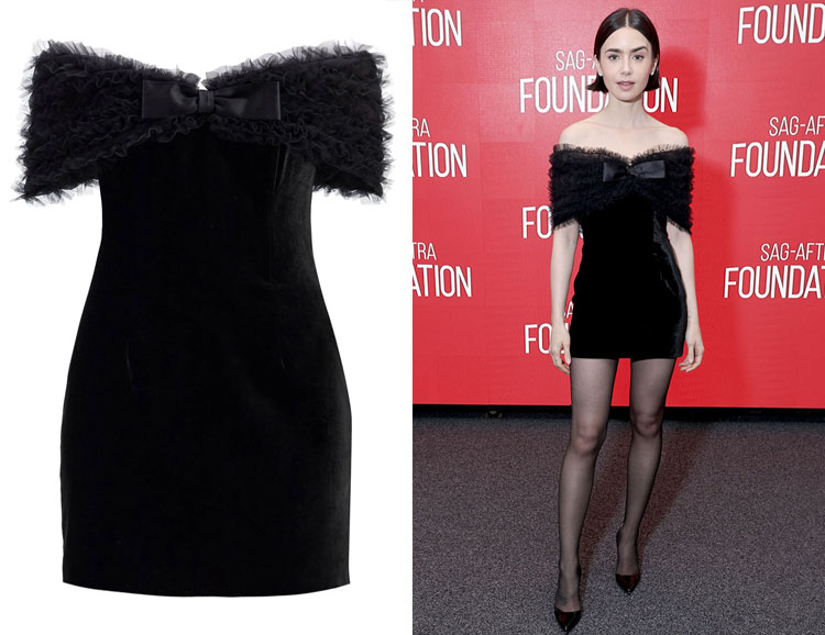 Lily Collins' Alessandra Rich Off-The-Shoulder Velvet Mini Dress