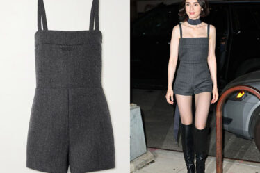 Lily Collins' Gucci Open-Back Wool-Twill Playsuit