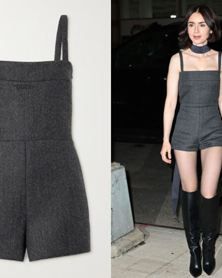 Lily Collins' Gucci Open-Back Wool-Twill Playsuit