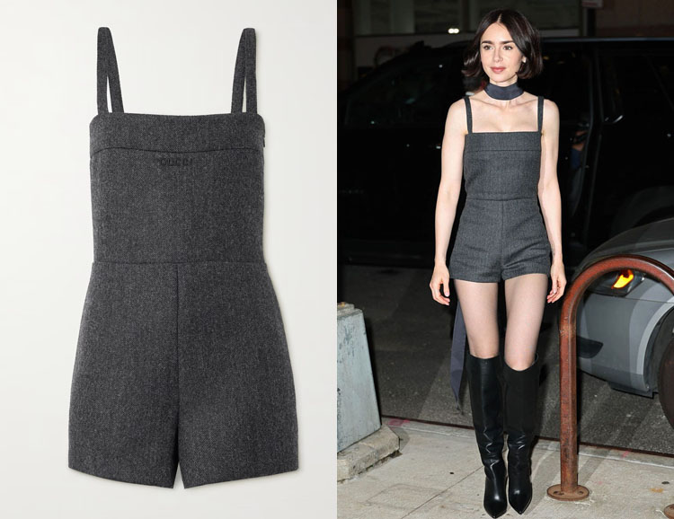 Lily Collins' Gucci Open-Back Wool-Twill Playsuit